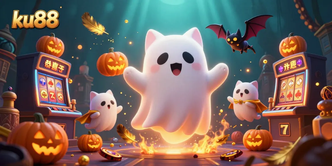 Engage with thrilling ku88 slots in a haunted mansion featuring a ghost cat and vampire bat.