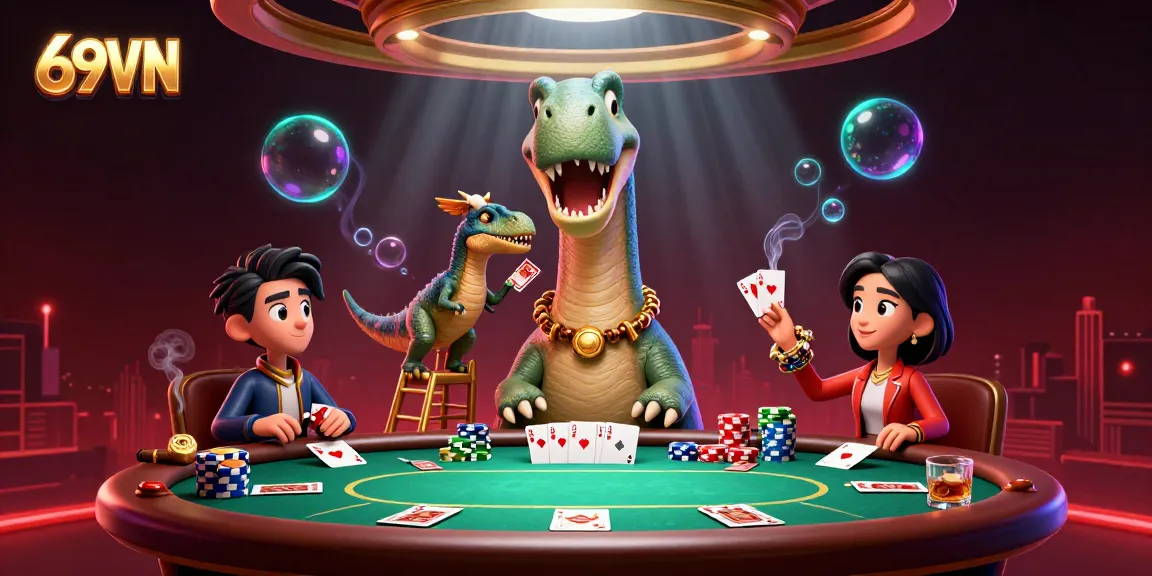 Experience the thrill of 69VN with a lively poker scene featuring a brontosaurus and dealer raptor.