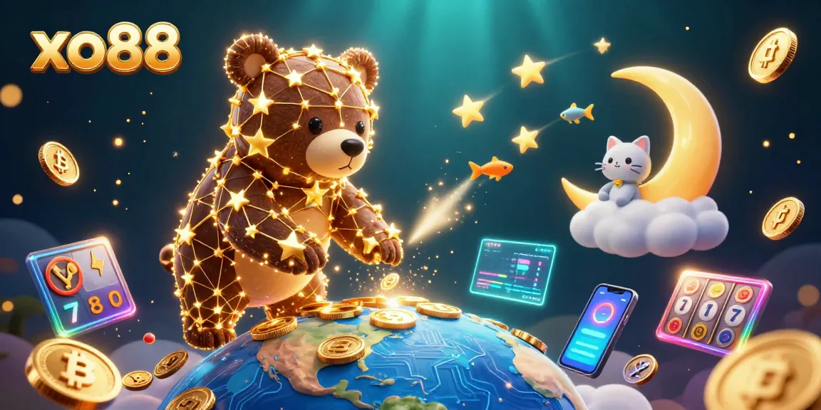 Scoop up winning coins at xo88 with a vibrant scene of a constellation bear and crypto elements.